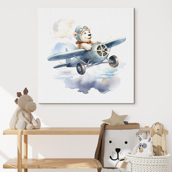 Cuadros Un oso de dibujos animados con gorra de piloto volando en un avión (SKU: s38935) Cuadros Cuadros Un oso de dibujos animados con gorra de piloto volando en un avión (SKU: s38935)