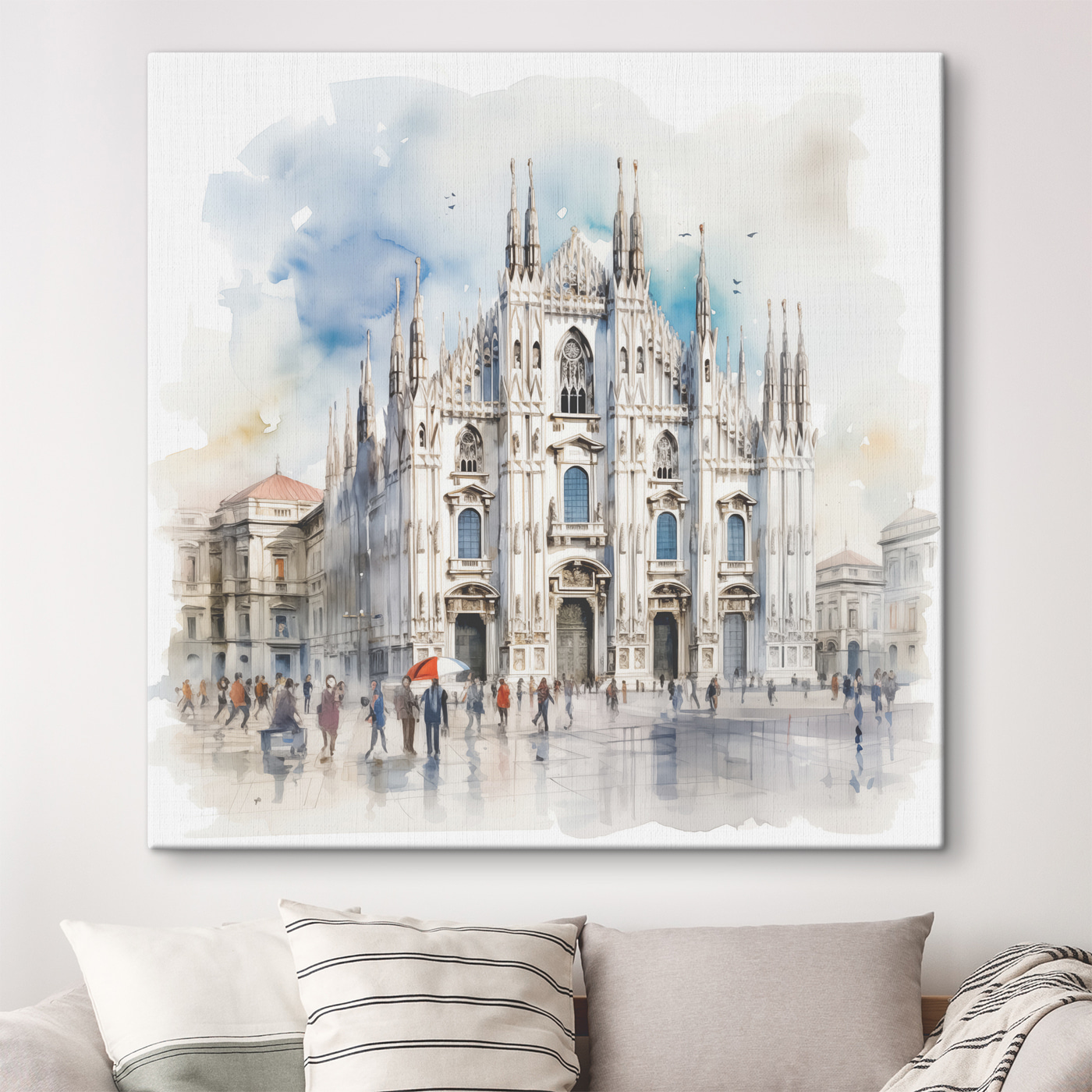 A watercolor of a building with people walking around