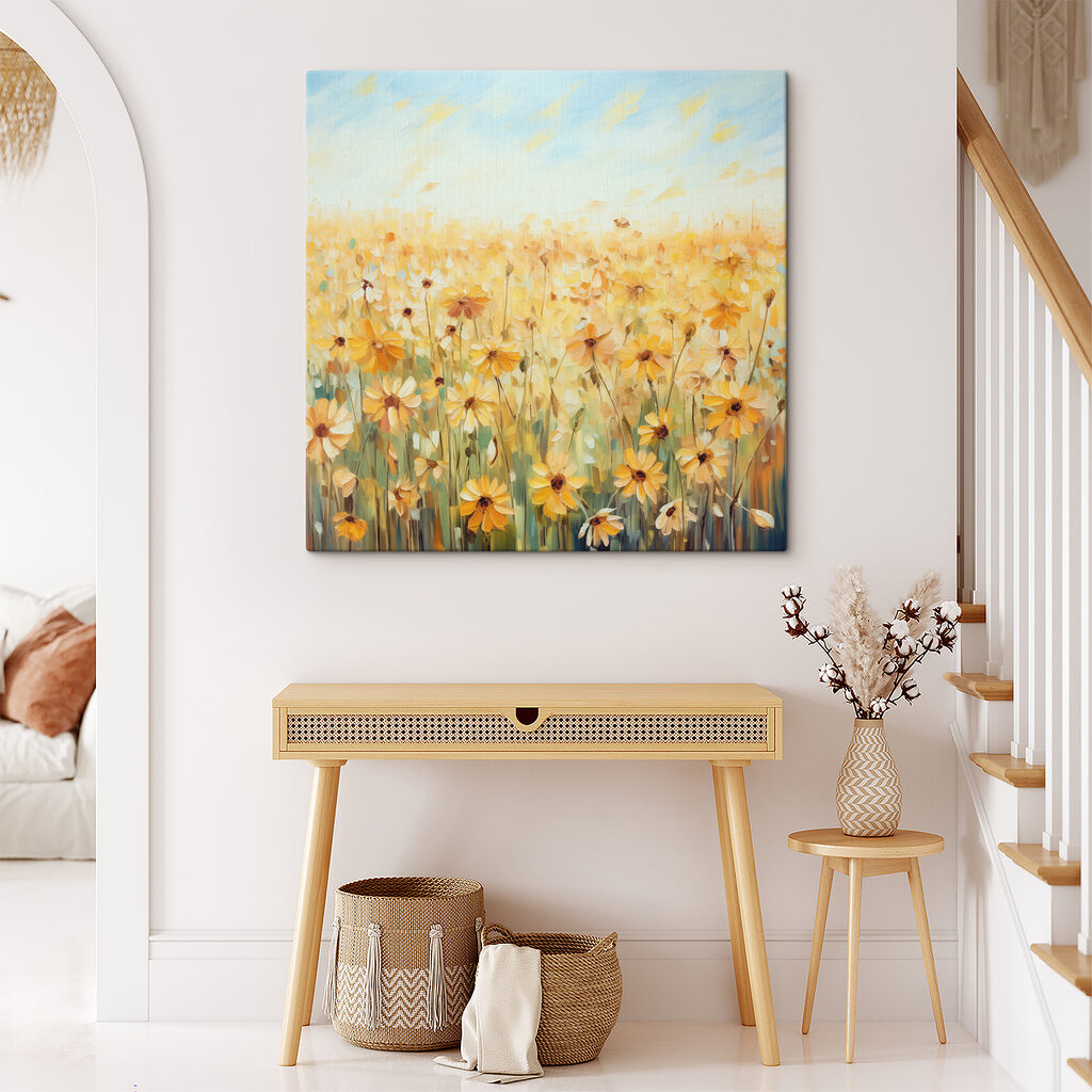 A painting of a field of yellow flowers A painting of a field of yellow flowers