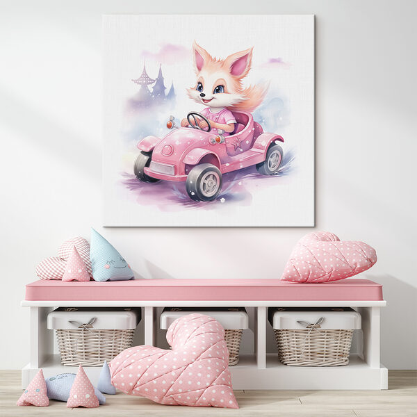 Cuadros Un zorro de dibujos animados conduciendo un coche rosa (SKU: s38943) Cuadros Cuadros Un zorro de dibujos animados conduciendo un coche rosa (SKU: s38943)