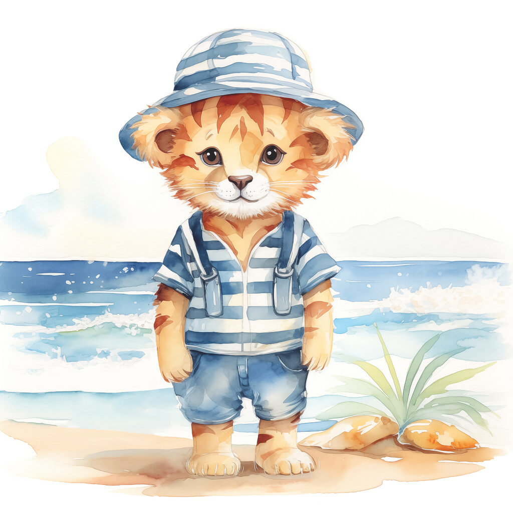 A watercolor of a cat wearing a hat and shorts A watercolor of a cat wearing a hat and shorts