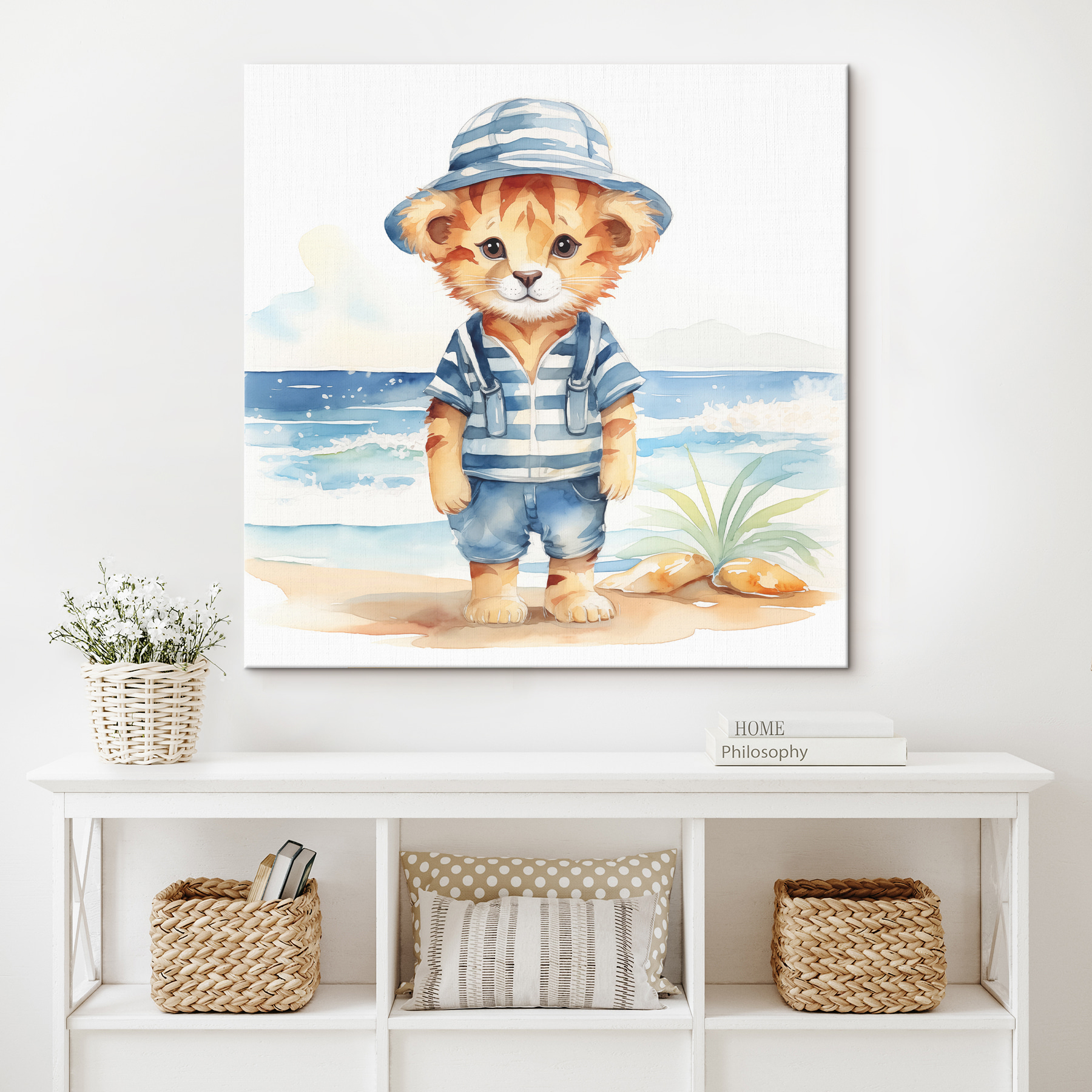 A watercolor of a cat wearing a hat and shorts A watercolor of a cat wearing a hat and shorts