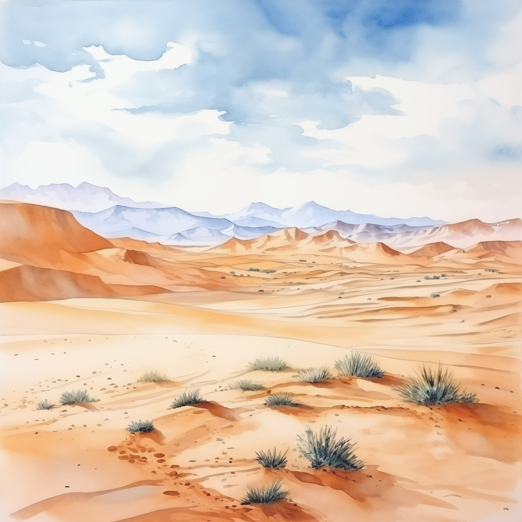 A watercolor of a desert landscape