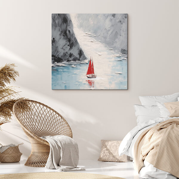 A painting of a sailboat in a body of water