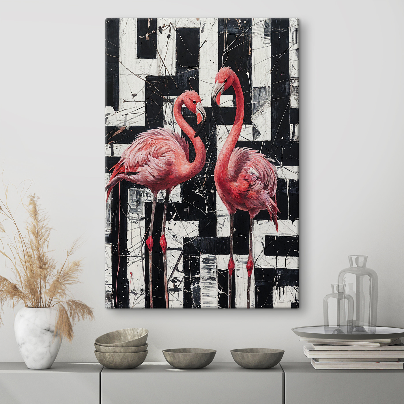 A painting of flamingos on a black and white background