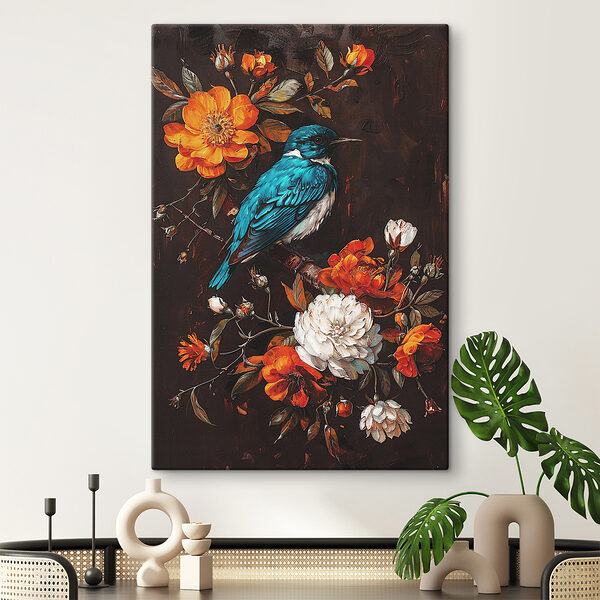 Cuadros Un pájaro en una rama con flores (SKU: s38957) Cuadros Cuadros Un pájaro en una rama con flores (SKU: s38957)