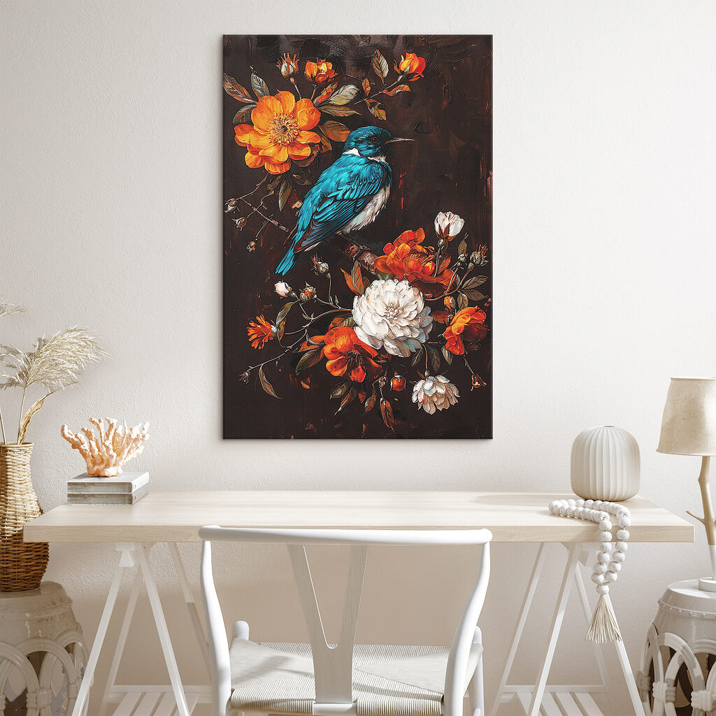 A bird on a branch with flowers