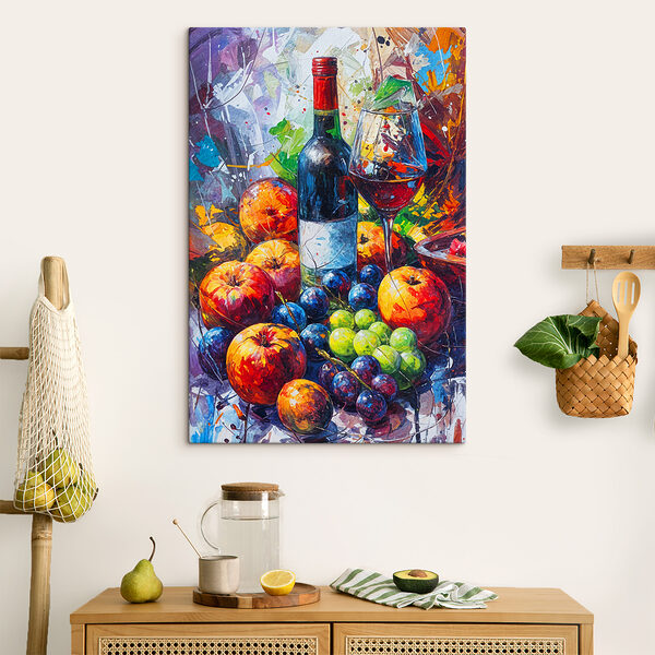 Cuadros Un cuadro en el que se ven una botella de vino y fruta