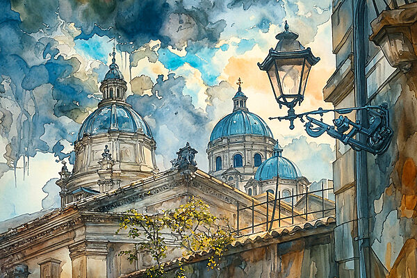 A watercolor painting of a building with domes and a street light A watercolor painting of a building with domes and a street light
