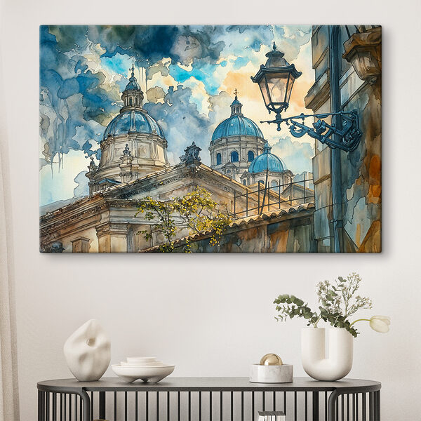 A watercolor painting of a building with domes and a street light A watercolor painting of a building with domes and a street light