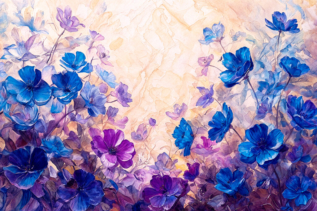 A painting of blue and purple flowers A painting of blue and purple flowers