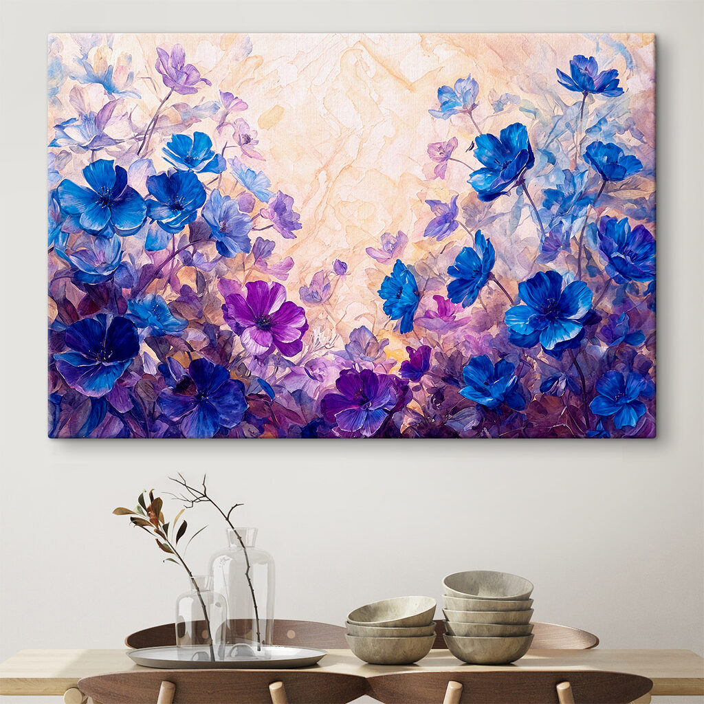 A painting of blue and purple flowers A painting of blue and purple flowers