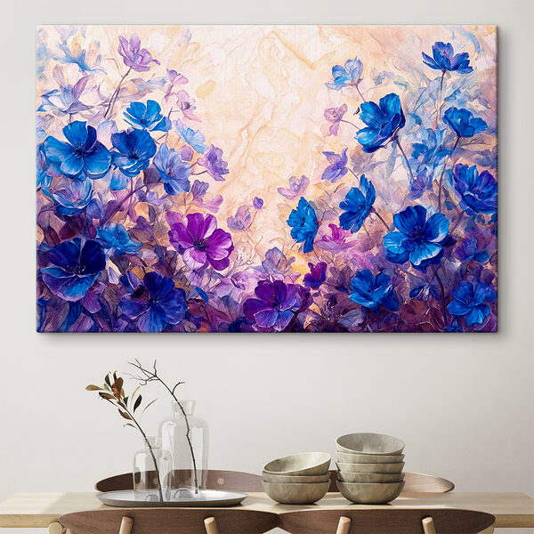 A painting of blue and purple flowers A painting of blue and purple flowers