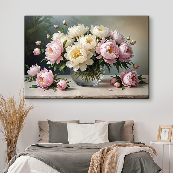 Cuadros Un jarrón con flores rosas y blancas
