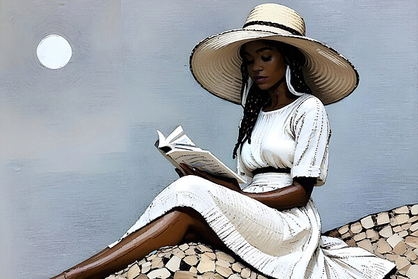 A woman in a white dress and hat reading a book