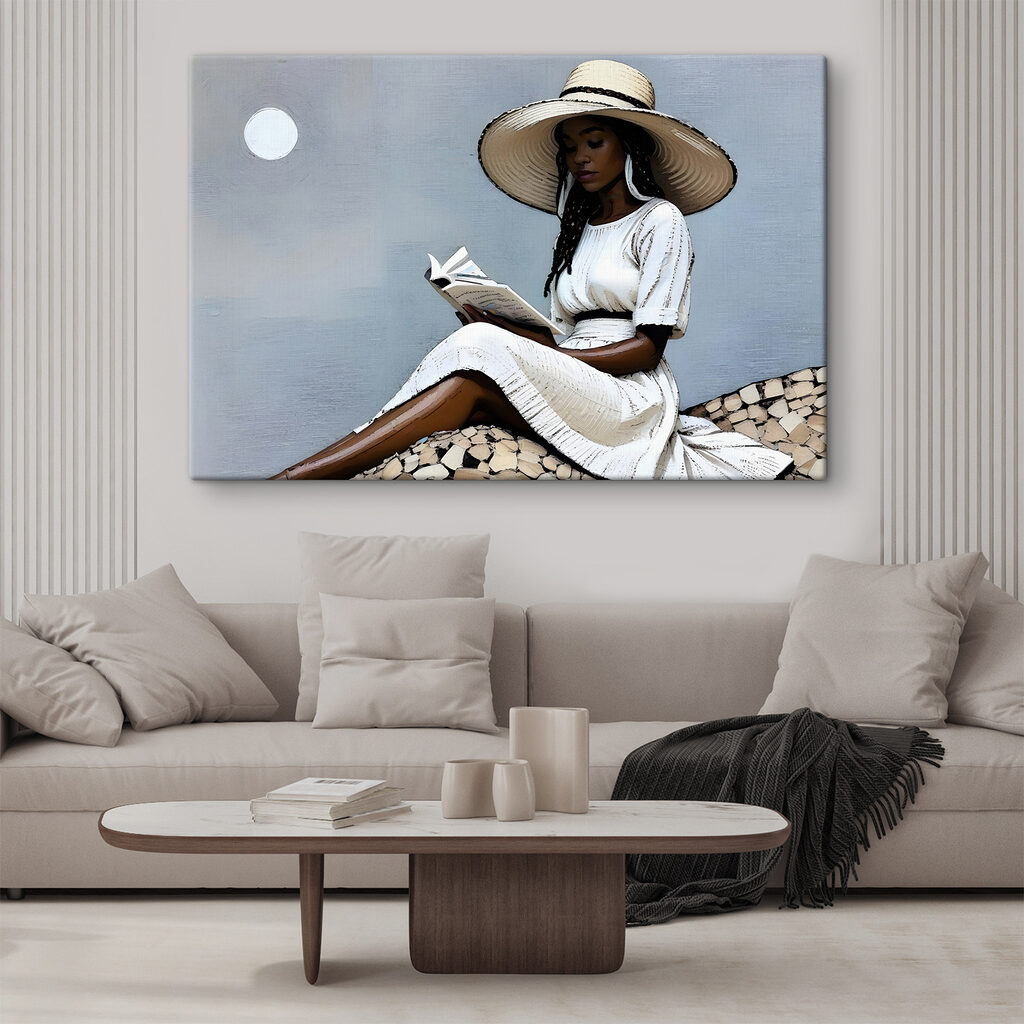 A woman in a white dress and hat reading a book