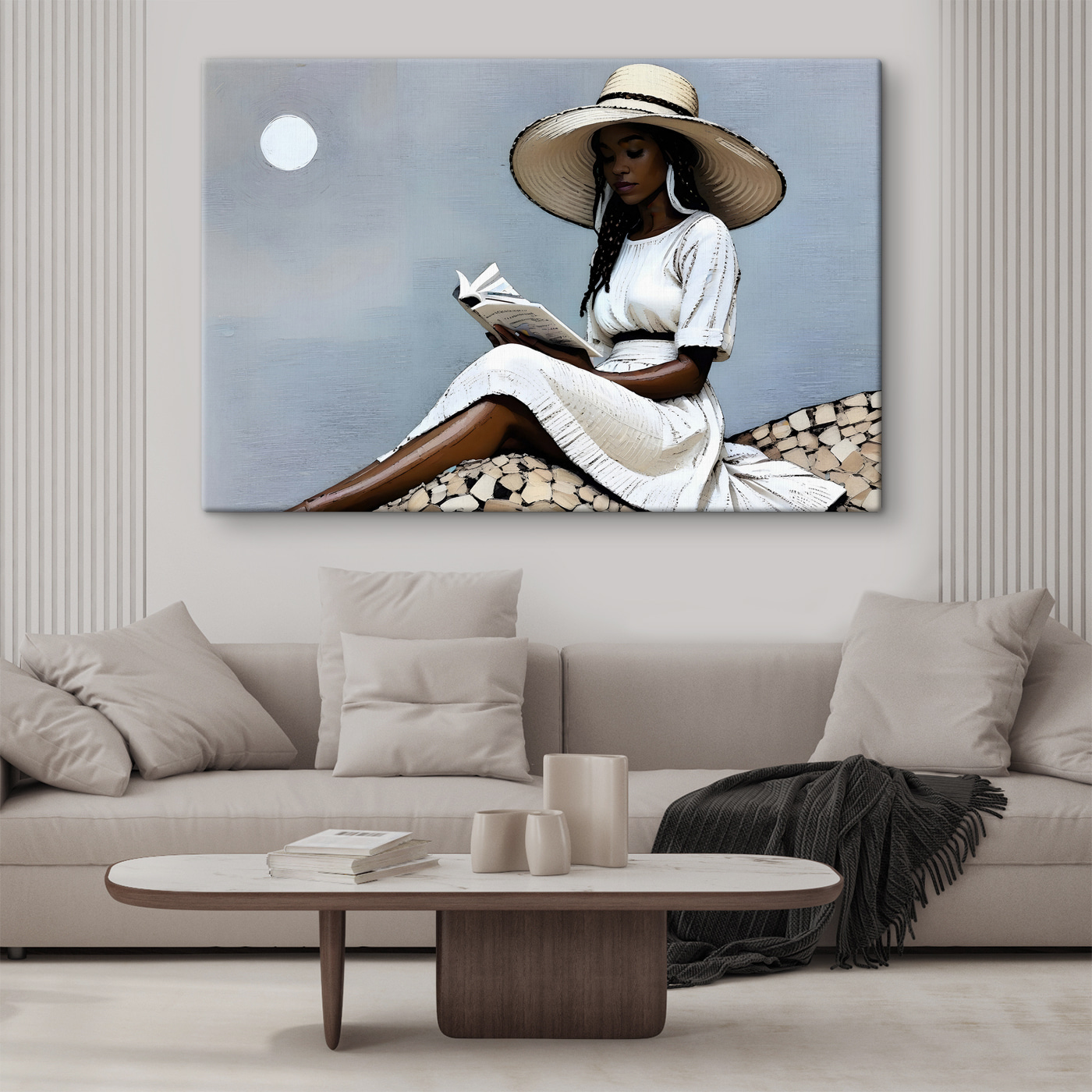 A woman in a white dress and hat reading a book