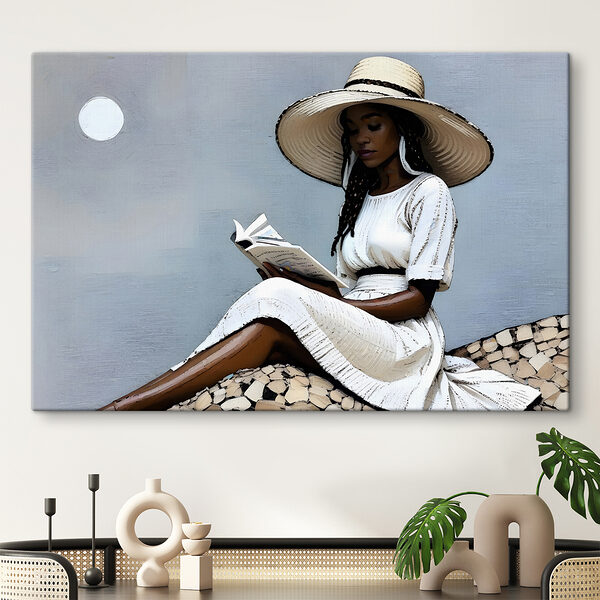 A woman in a white dress and hat reading a book