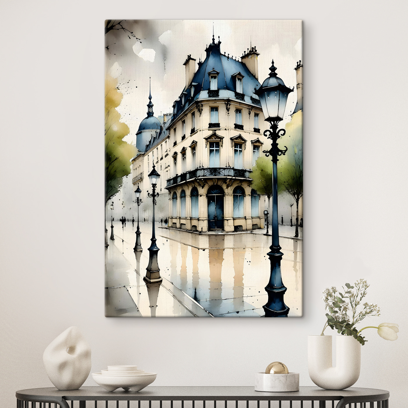 A painting of a building with a blue roof