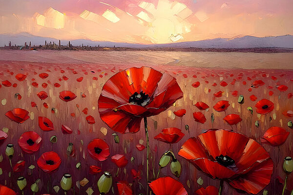 A painting of a field of red flowers A painting of a field of red flowers