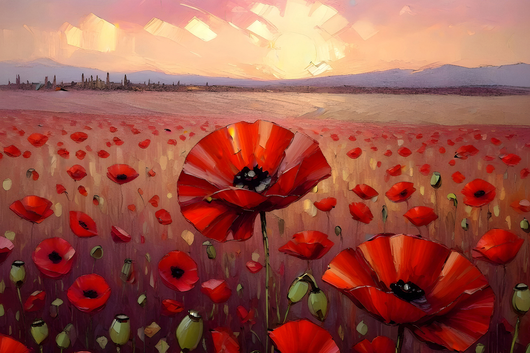A painting of a field of red flowers A painting of a field of red flowers