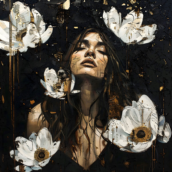 A woman with long hair and white flowers A woman with long hair and white flowers