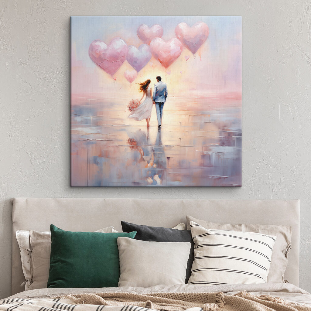 A painting of a man and woman holding hands and holding balloons