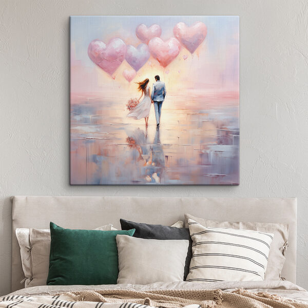 A painting of a man and woman holding hands and holding balloons