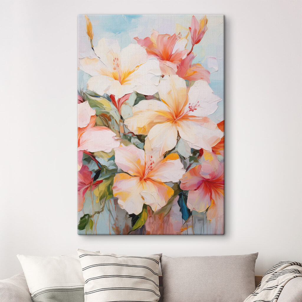 A painting of flowers on a blue background