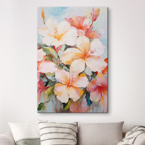 A painting of flowers on a blue background