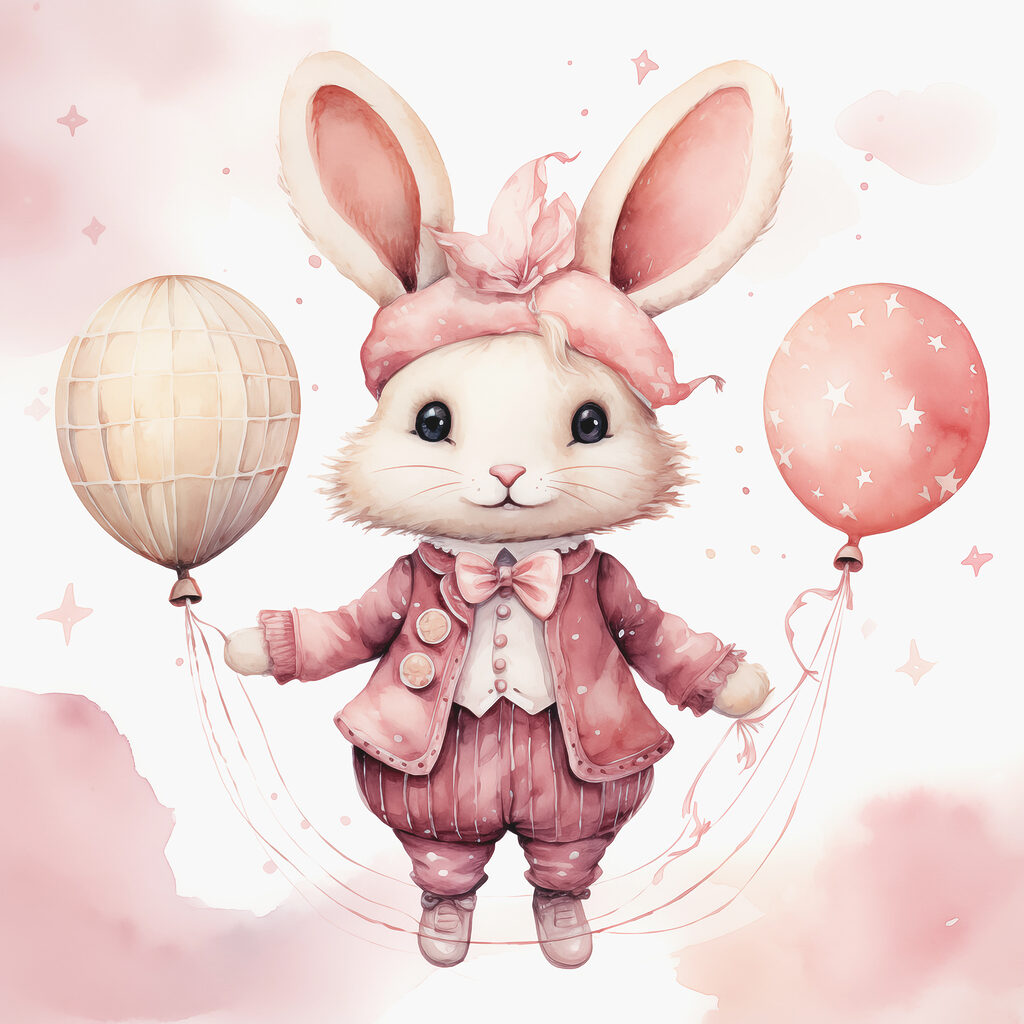 A watercolor of a rabbit holding balloons A watercolor of a rabbit holding balloons
