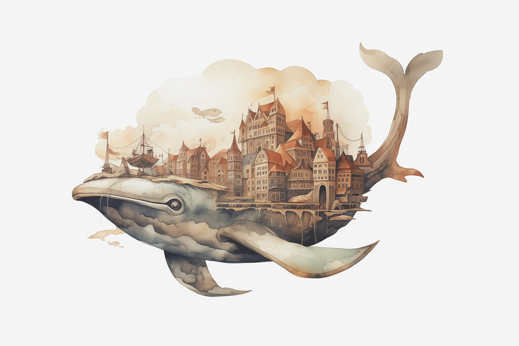 A whale with a city in the background