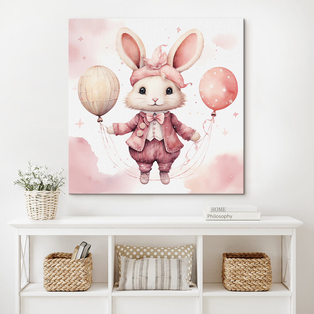 A watercolor of a rabbit holding balloons A watercolor of a rabbit holding balloons