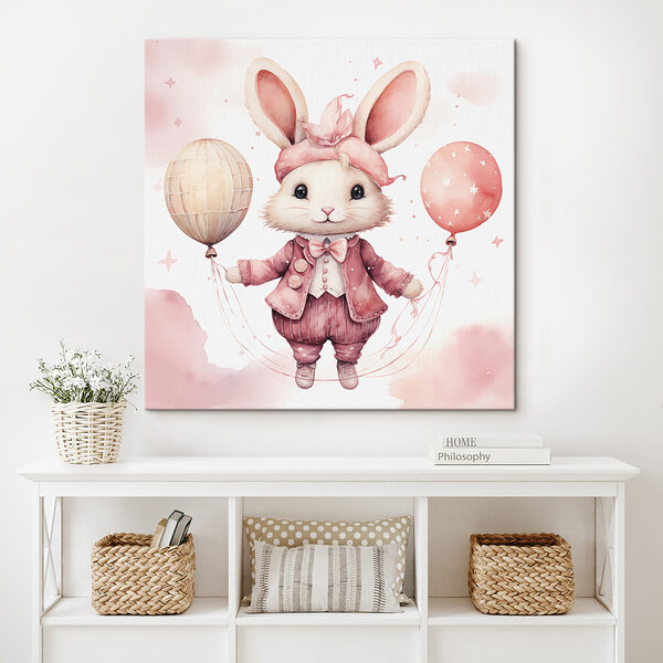 A watercolor of a rabbit holding balloons A watercolor of a rabbit holding balloons