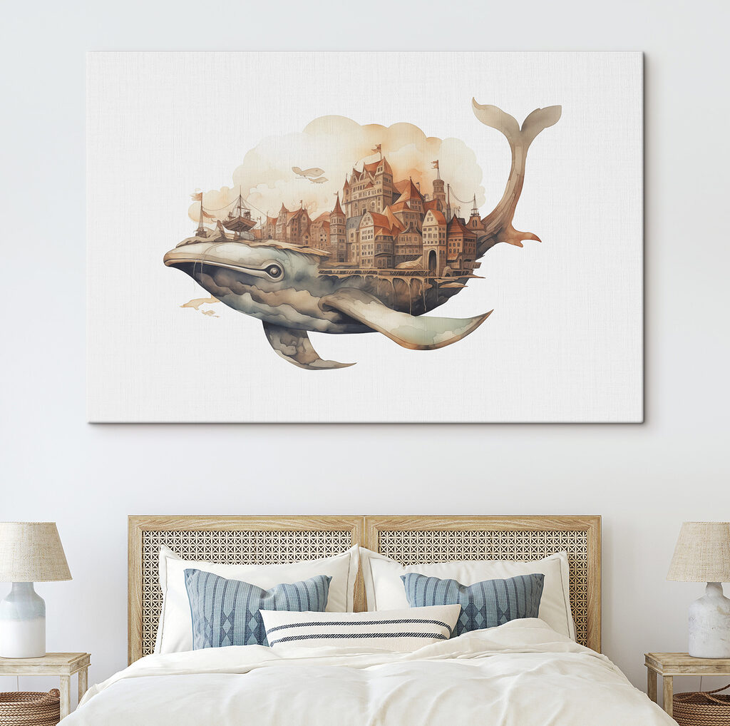 A whale with a city in the background
