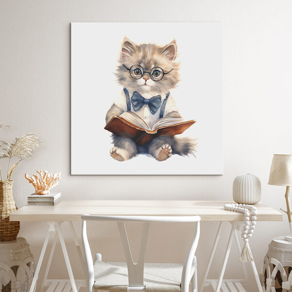 Cuadros Un gato con gafas y pajarita leyendo un libro