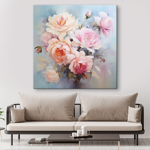 A painting of flowers on a blue background