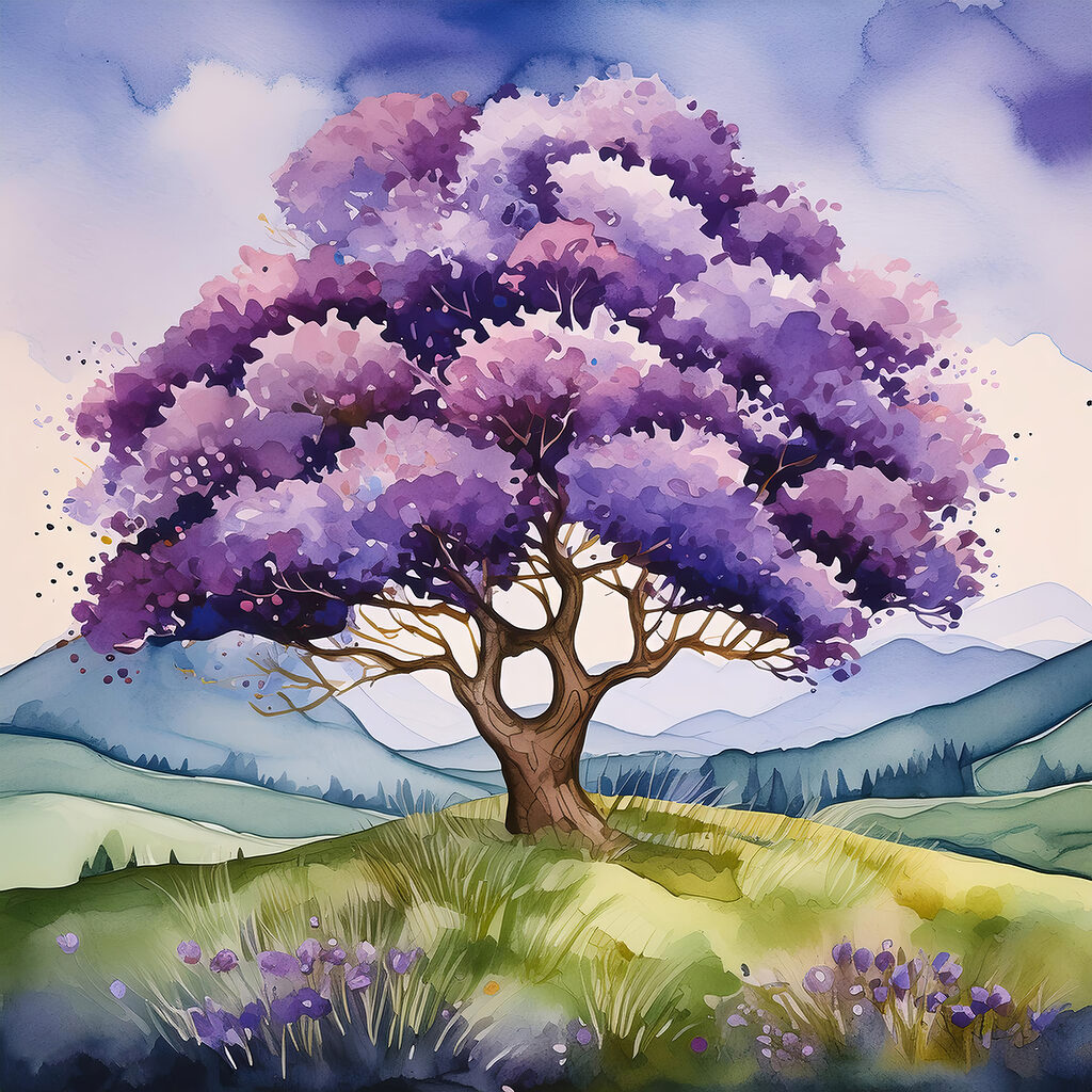 A watercolor of a tree in a field A watercolor of a tree in a field