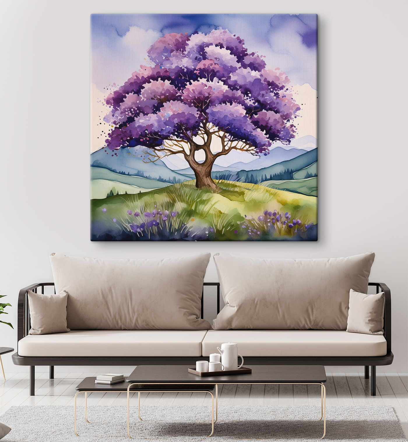 A watercolor of a tree in a field A watercolor of a tree in a field