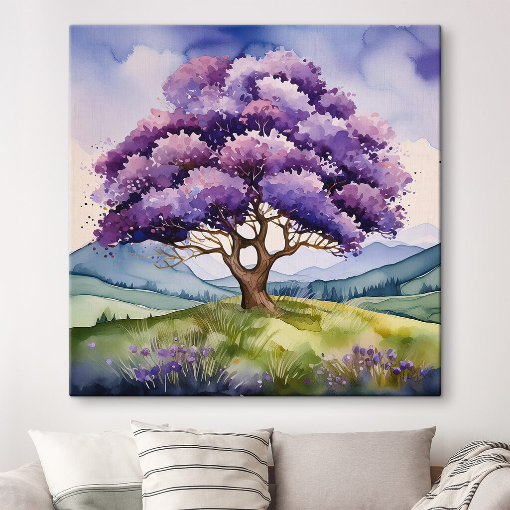 A watercolor of a tree in a field A watercolor of a tree in a field