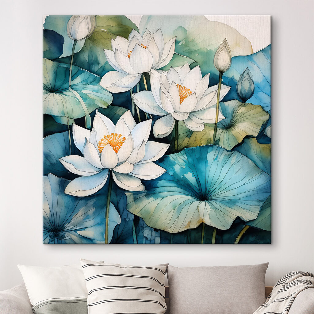 A painting of white flowers and blue leaves