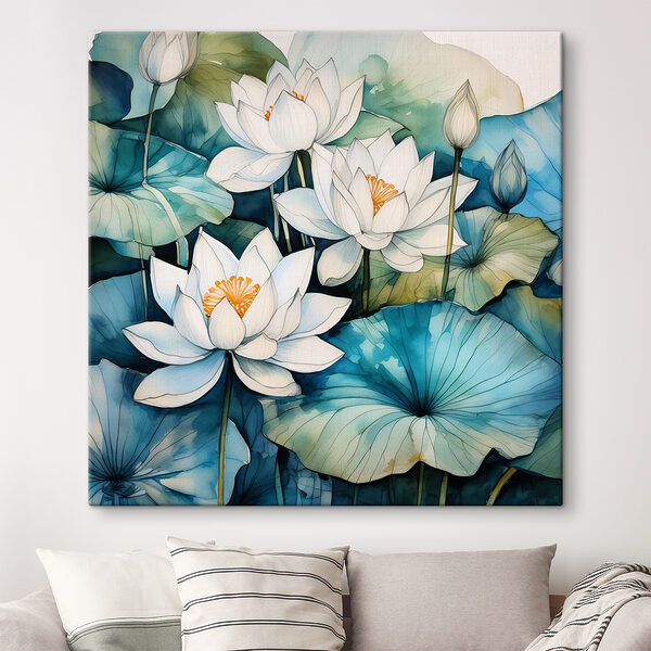 Cuadros Un cuadro de flores blancas y hojas azules
