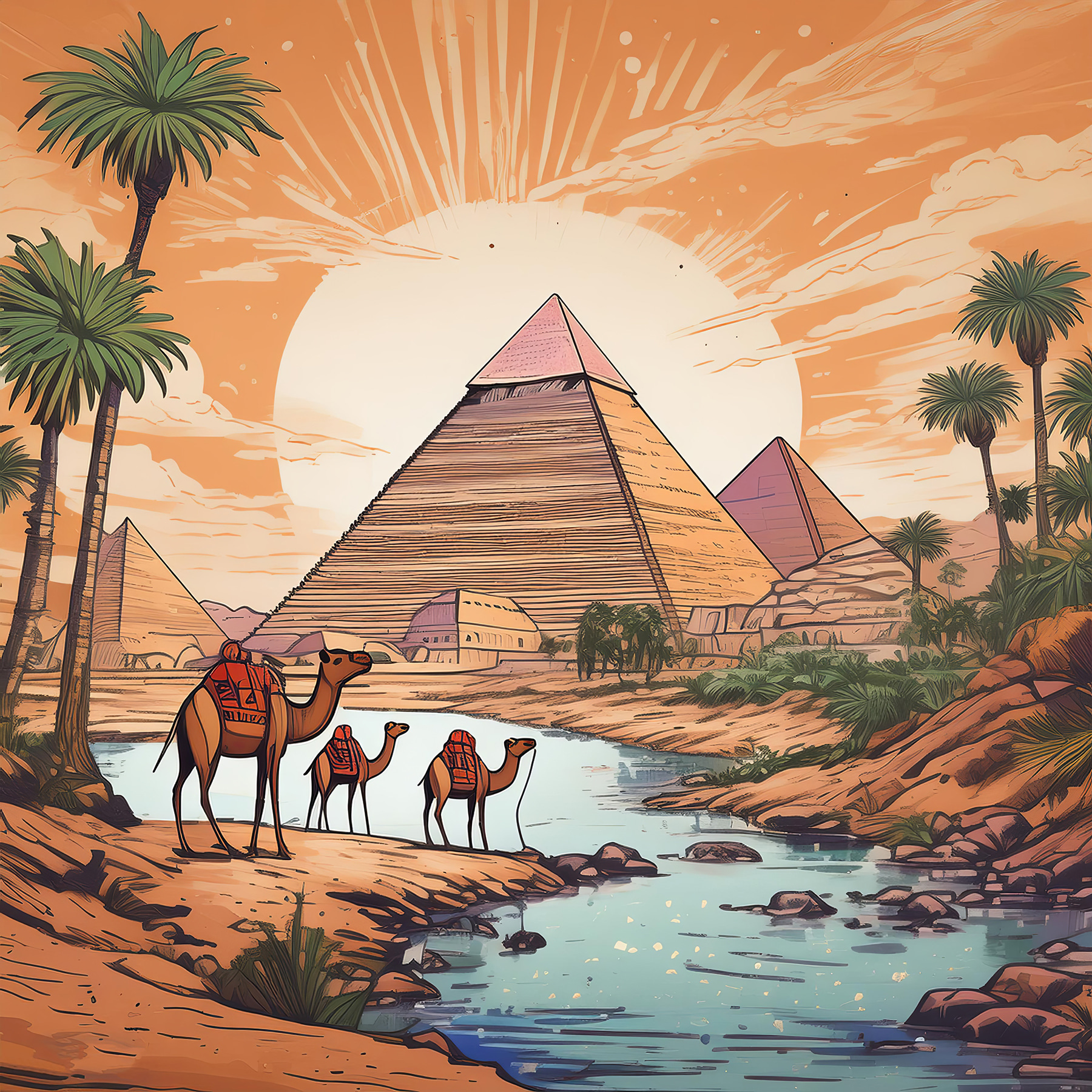 A group of camels standing near a river A group of camels standing near a river