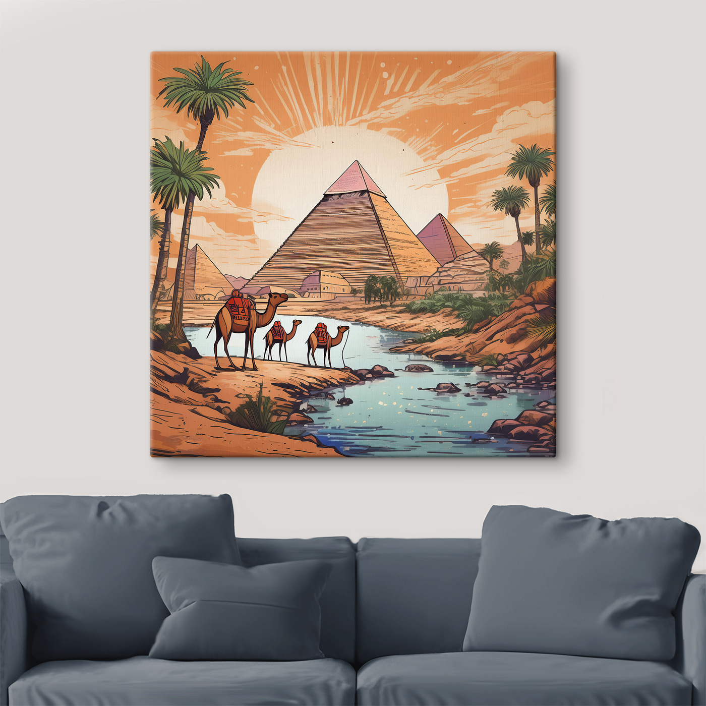 A group of camels standing near a river A group of camels standing near a river