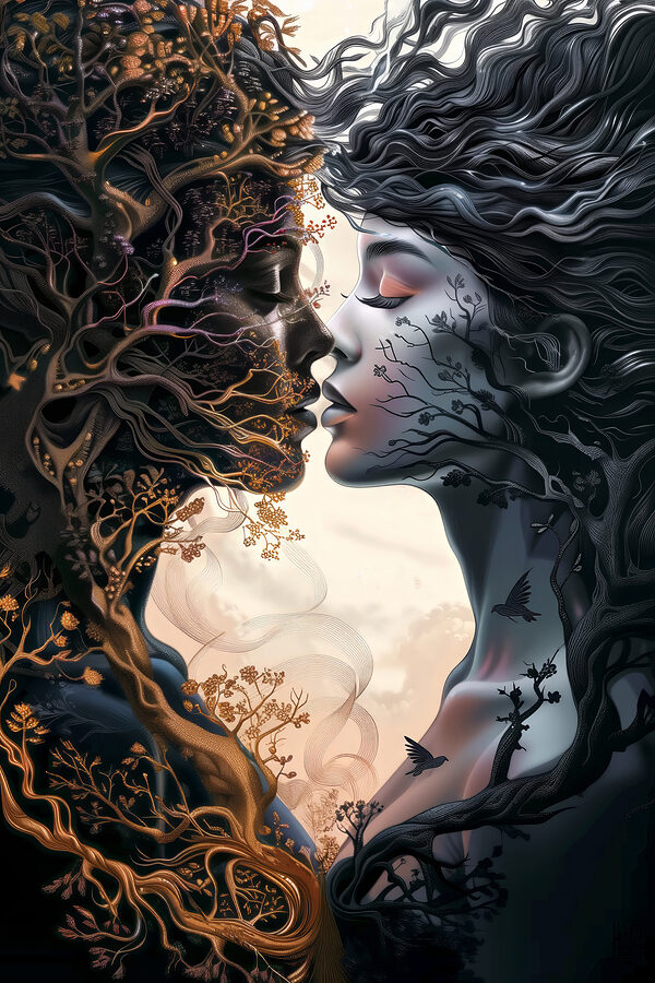 A woman with long hair and a tree