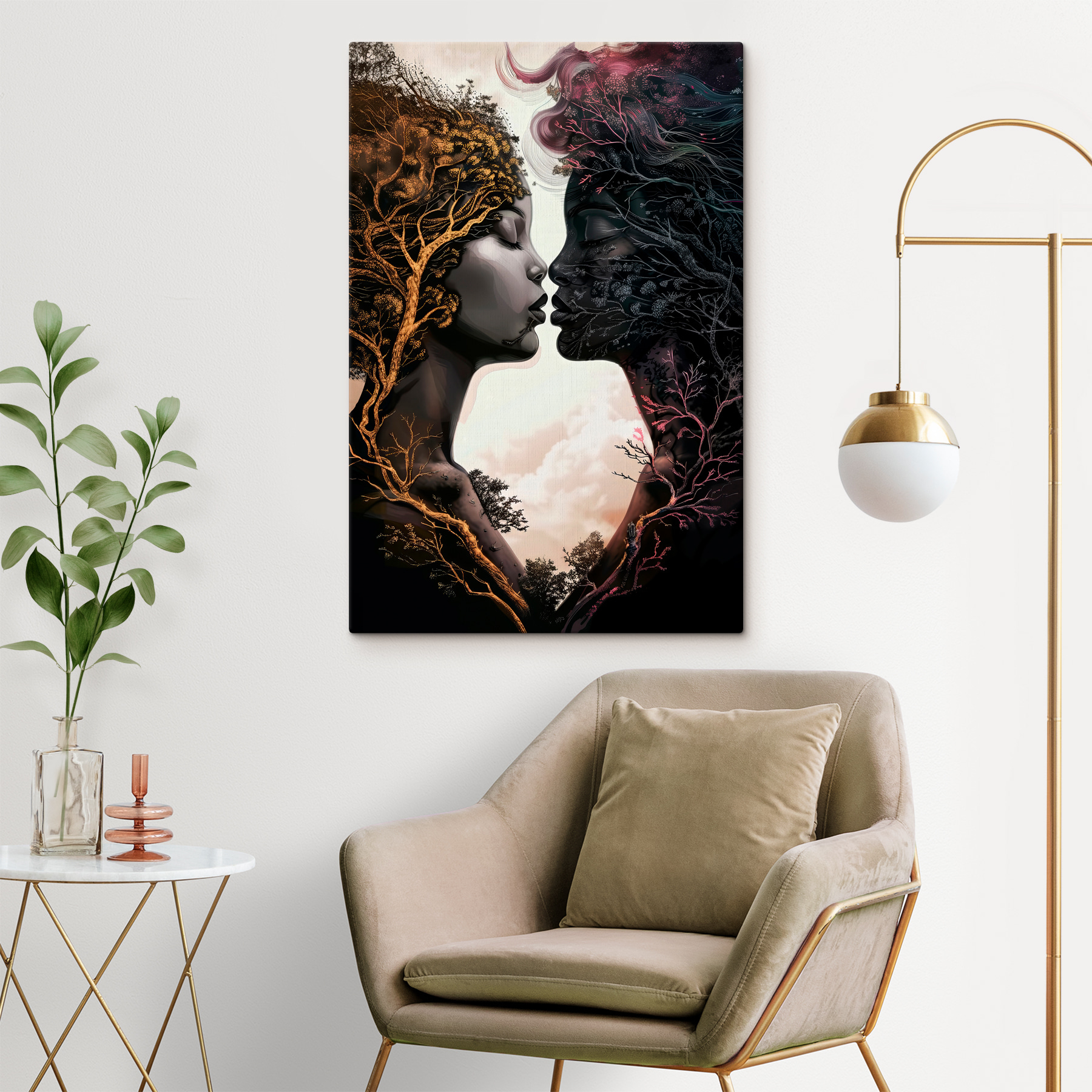 A woman's face with trees and branches