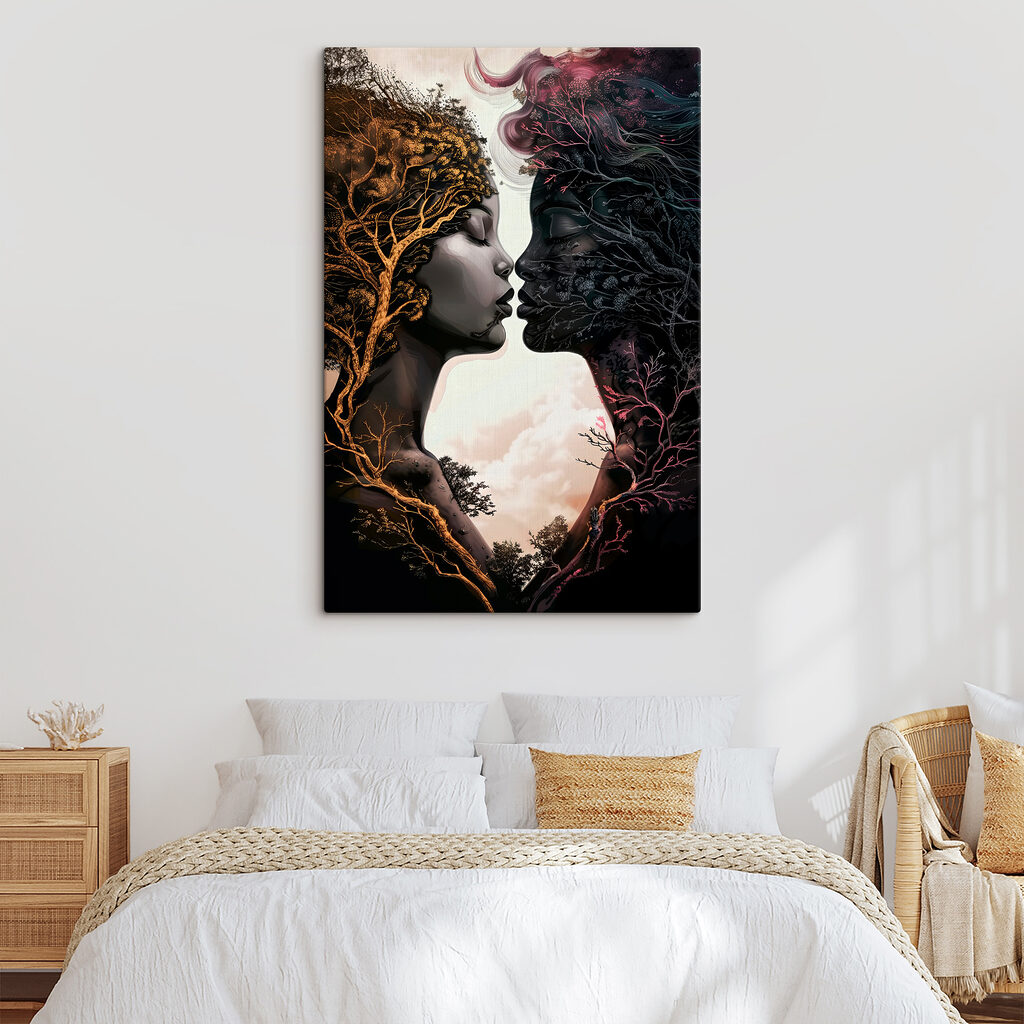 A woman's face with trees and branches