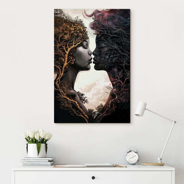 A woman's face with trees and branches