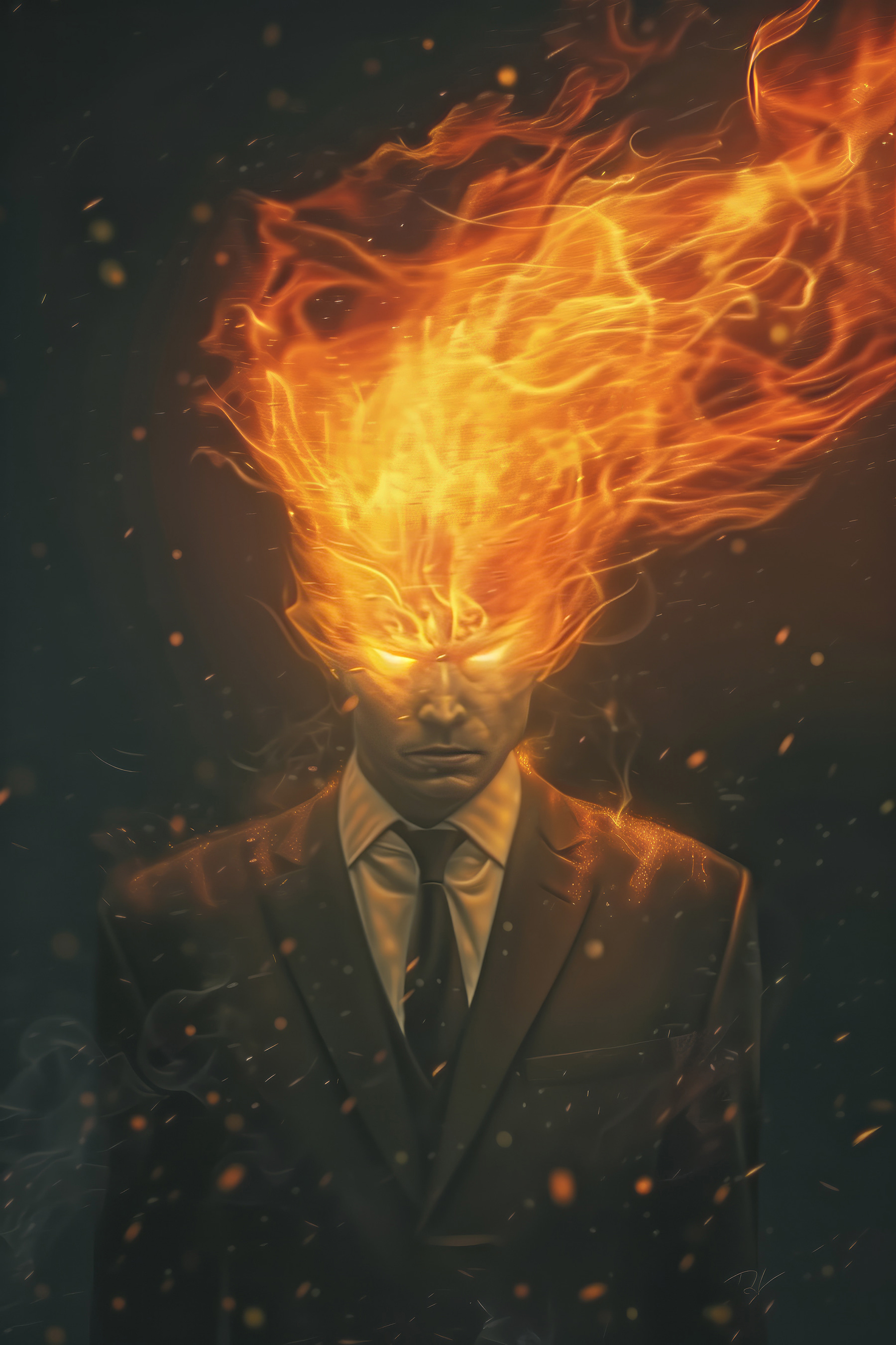 A man in a suit with fire on his head