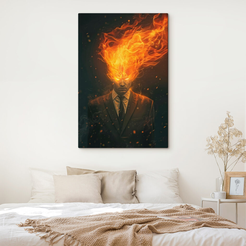 A man in a suit with fire on his head